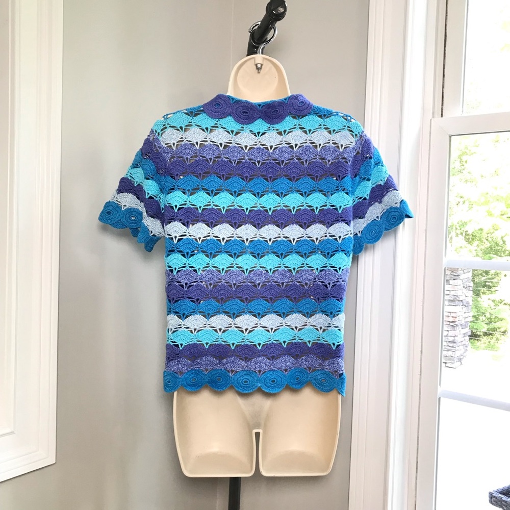 Vintage Michael Simon Blue Crochet Sweater Cardigan ~ Women’s Small LIKE NEW - Picture 5 of 7